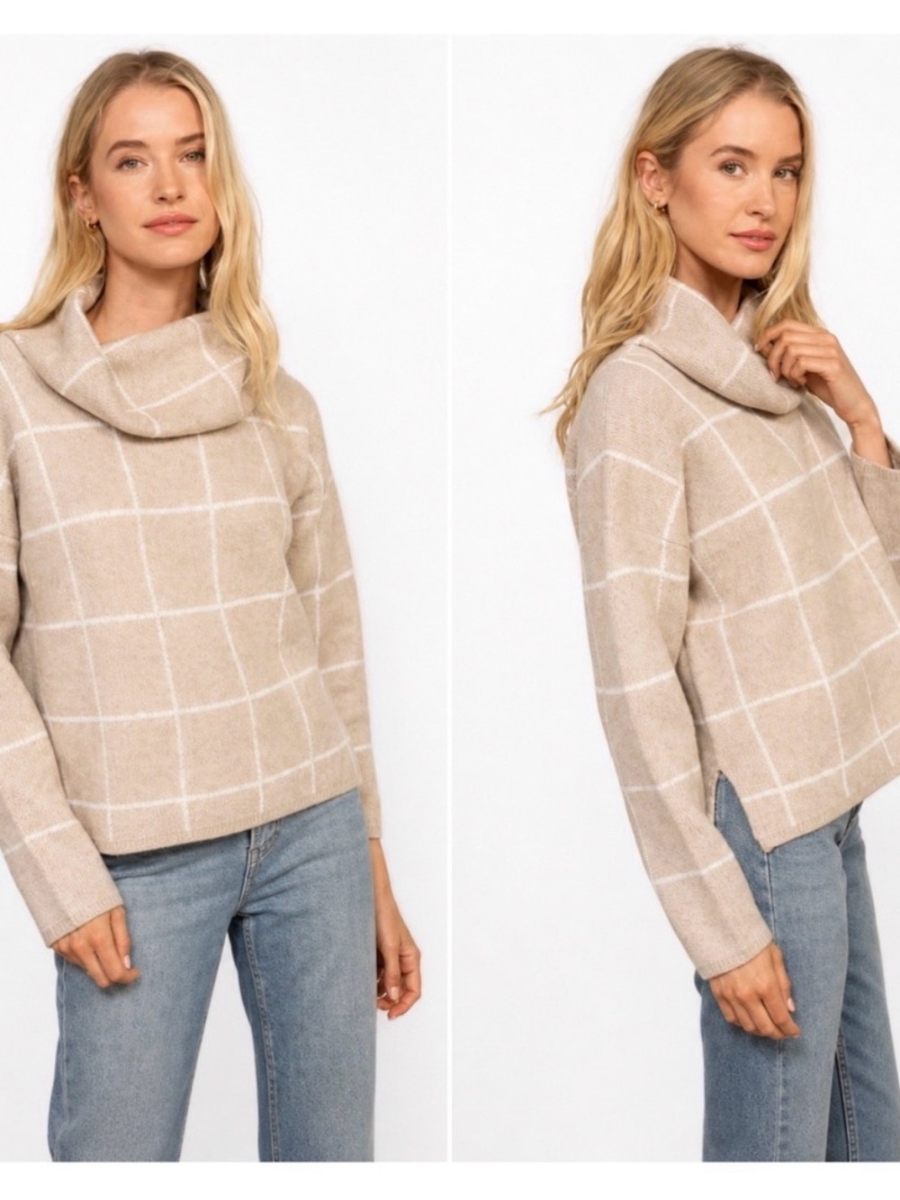 VICI/Lumiere Tan & White Grid Pattern, Cowl Neck Sweater, S